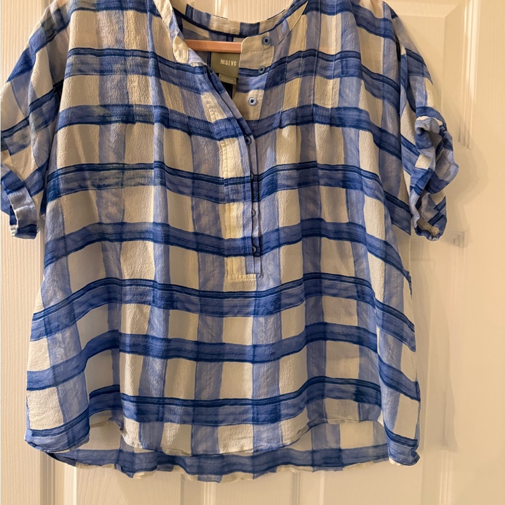 Anthropologie Maeve Blue and Cream Checkered Top